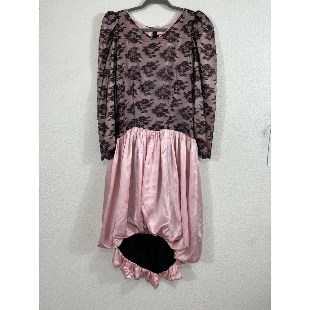 Vintage Prom‎ Dress Womens Medium Pink Black Lace Bubble Hem Long Sleeve 80s
